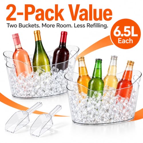 2 Pack Clear Plastic Ice Buckets with Scoops for Parties and Events