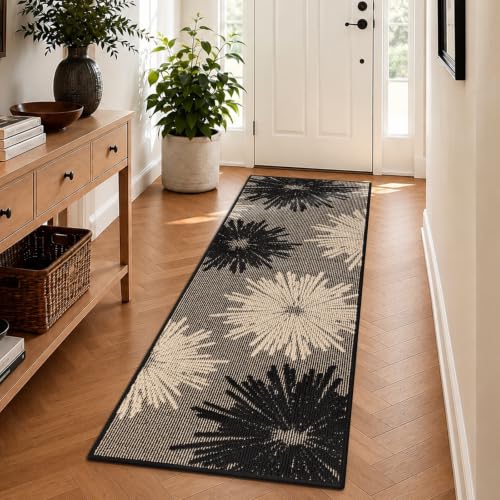 Findosom 2x6 Textured Floral Hallway Runner Rug Non Slip Black & Beige