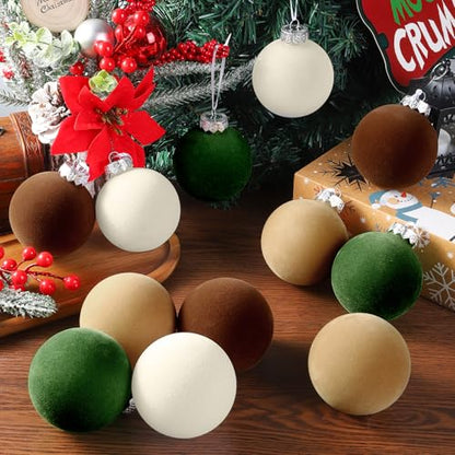 Christmas Velvet Ball Ornaments Set - Brown & Green 2.36 Inch Bulk Decorations