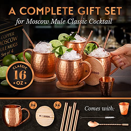 Copper Moscow Mule Mugs Set of 4 - Oval Handcrafted 16 oz Copper Cups with Straws & Coasters