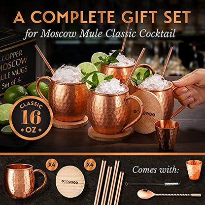 Copper Moscow Mule Mugs Set of 4 - Oval Handcrafted 16 oz Copper Cups with Straws & Coasters