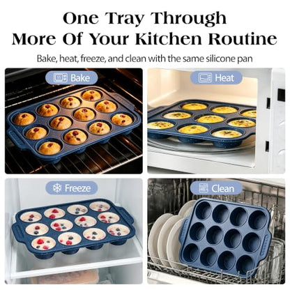 Silicone Muffin Pan with Metal Reinforced Frame - 12 Cups, Dark Blue