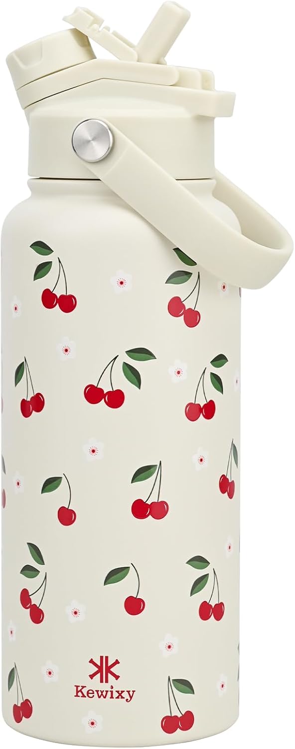Skiennix 32 oz Cherry Water Bottle - 2-in-1 Leak-Proof Lid with Straw & Spout | Stainless Steel, Cream Cherry