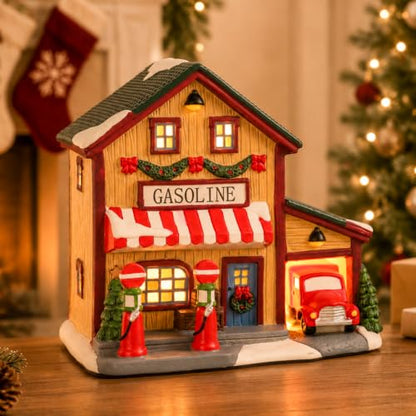 Ceramic Christmas Village House with Light-Up Gas Station - Holiday Decor - Variation of Gas Station