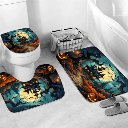 Halloween Haunted House Shower Curtain Set with Rugs - Black