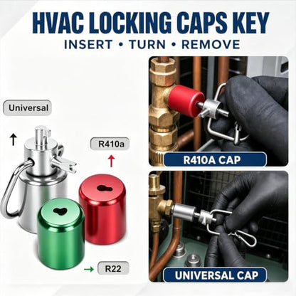 2 Pack HVAC Locking Cap Keys for R410A R22 Refrigerant - 3-in-1 Tool with Carabiner - Variation 2