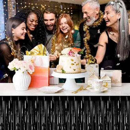 Black Foil Fringe Table Skirts 3 Pack - Metallic Tinsel Streamers for Party Decor