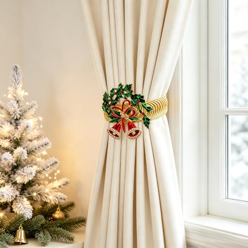 Christmas Holly Curtain Tiebacks with Jingle Bells - 2 Pack