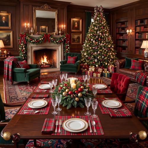 Christmas Scottish Tartan Plaid Decoration Set - Red, 10 Pieces