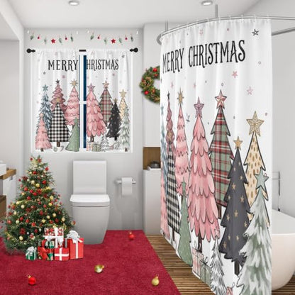 Pink Christmas Shower Curtain Set - Bathroom Decor with Window Curtains 72x72 Inches