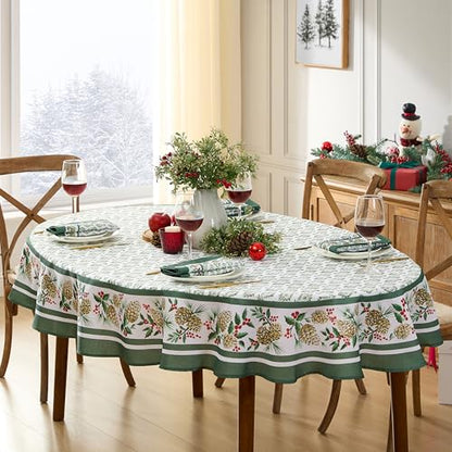 Christmas Holly Pinecone Border Fabric Tablecloth 60 x 84 Inch Oval - Holiday Green & White