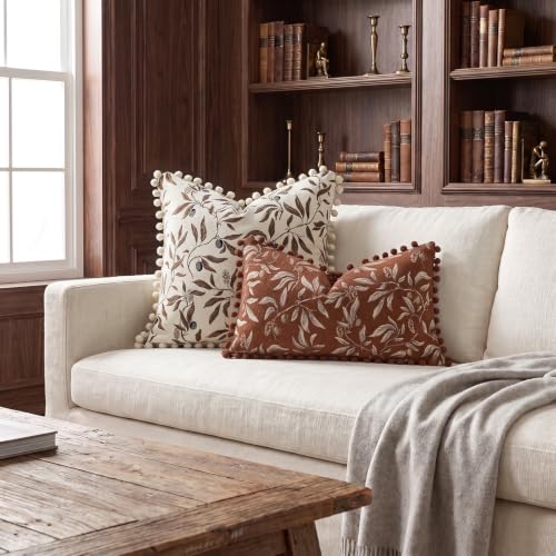 Orange Floral Decorative Pillow Cover 14x24 Inch Chenille Velvet Lumbar Cushion with Pom Poms
