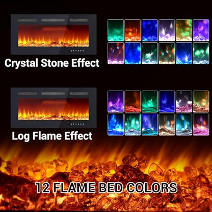 36 Inch Electric Fireplace Insert with Remote Control - Recessed or Wall Mount