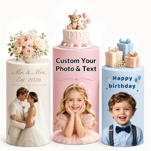 3 Pcs Custom Photo Cylinder Plinth Covers - Round Pedestal Stand Wraps with Variation 02