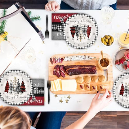 Christmas Paper Plate and Napkin Set - Buffalo Plaid 9x7 Inch, 200 pcs