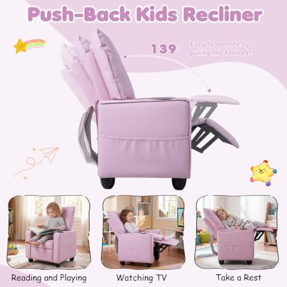 Kids Recliner Chair with Cup Holder & Storage Pockets - Pink