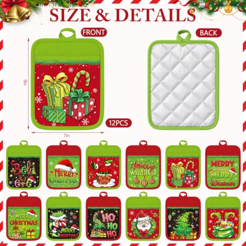 Christmas Pot Holders with Pockets - Red Green Elf Holiday Kitchen Accessories - Funny Variation