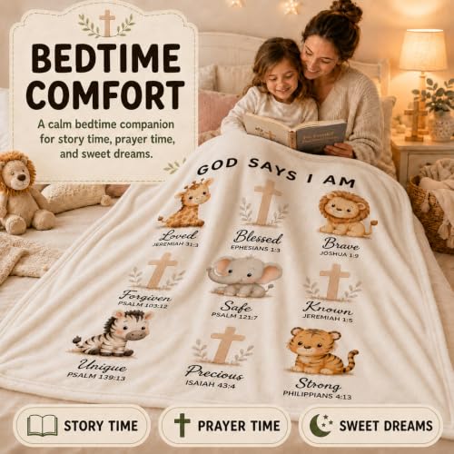 God Says I Am Safari Animal Kids Blanket 40x50 Inches - Christian Nursery Gift - Variation of God Says 01