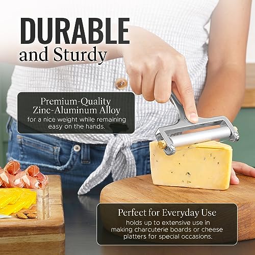 Zulay Kitchen Stainless Steel Wire Cheese Slicer - Adjustable Hand Held Cheese Cutter with 2 Extra Wires - Premium Cheese Shaver for Mozzarella, Cheddar, Gruyere - Cheese Cutter with Wire (Silver)