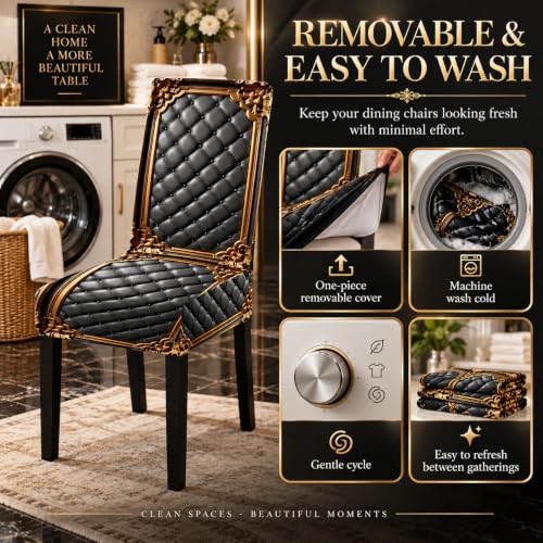 4pcs Washable Baroque Print Chair Cover Set for Dining Chairs - Black Gold