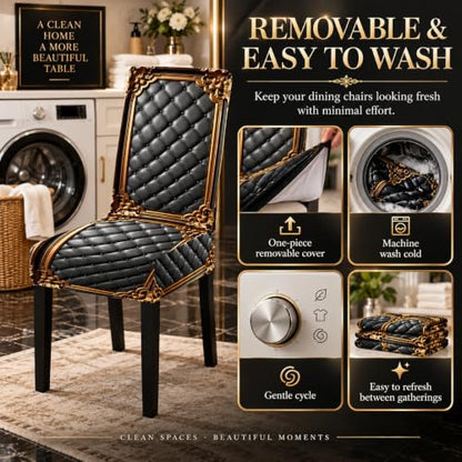 4pcs Washable Baroque Print Chair Cover Set for Dining Chairs - Black Gold