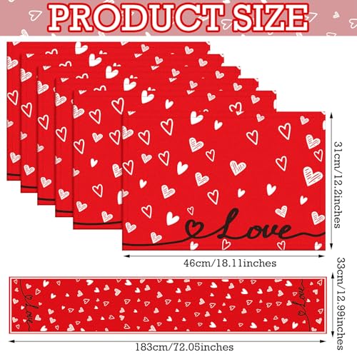 Valentine's Day Table Runner & Placemats Set - Heart Decor for Dining Table - 7 Pieces