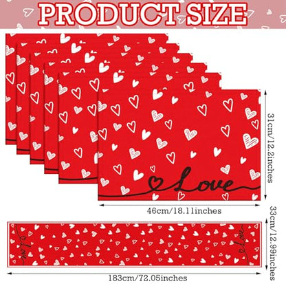 Valentine's Day Table Runner & Placemats Set - Heart Decor for Dining Table - 7 Pieces