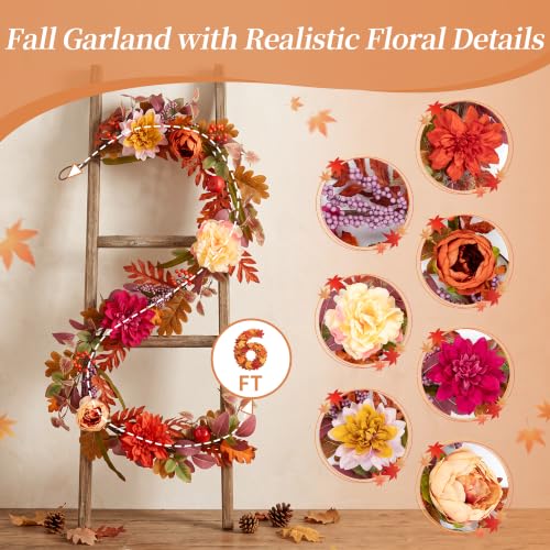 Fall Garland with Flowers for Mantle, 6ft Autumn Decorations for Home