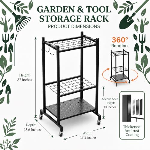 Garden Tool Organizer with Wheels - Garage Storage Rack for Rakes, Shovels, and Tools