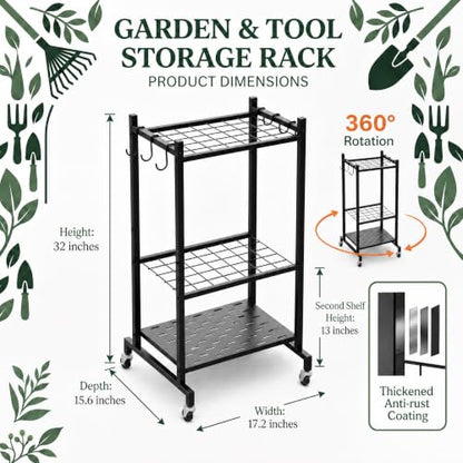 Garden Tool Organizer with Wheels - Garage Storage Rack for Rakes, Shovels, and Tools