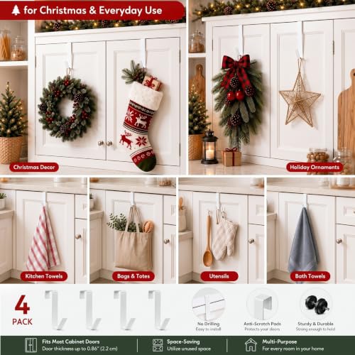 4Pcs Christmas Wreath & Cabinet Door Hooks 3x0.9'' White - No Damage