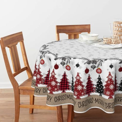 Christmas Tablecloth 70 x 70 Inch Round Pine & Ball Design - Red