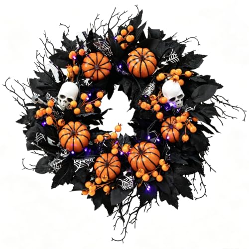 20-Inch Halloween Wreath with Purple LED Lights for Front Door - Spooky Outdoor Decor