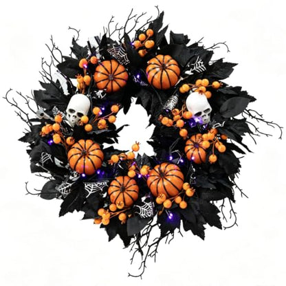 20-Inch Halloween Wreath with Purple LED Lights for Front Door - Spooky Outdoor Decor