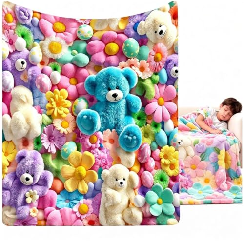 Kids 3D Plush Teddy Bear Blanket - Pastel Floral Throw 50x60in
