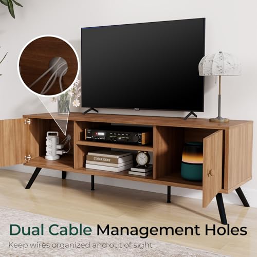GTPLAYER Cocoa TV Stand for Living Room 55/60/65 Inch TVs Retro Brown Entertainment Center with Fluted Doors & Adjustable Shelves