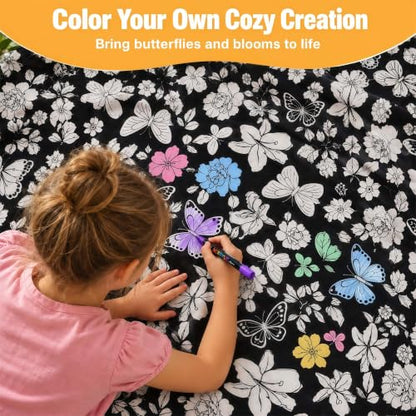 Black Flower Coloring Blanket with Markers - 48x56 Cozy Velvet DIY Craft Kit for Kids and Adults
