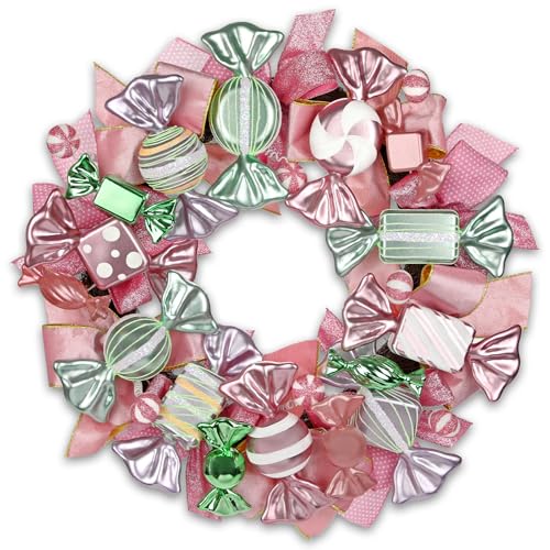 Pink & Green Christmas Wreath with Candies and Gold Bow - 20 Inch Holiday Door Decor - Variation of Pink Green