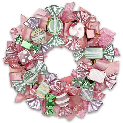 Pink & Green Christmas Wreath with Candies and Gold Bow - 20 Inch Holiday Door Decor - Variation of Pink Green