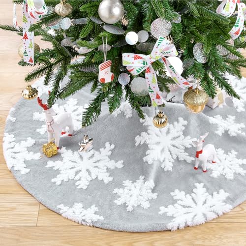 Gray 48 Inch Faux Fur Christmas Tree Skirt Snowflake Decor Large Holiday Cover