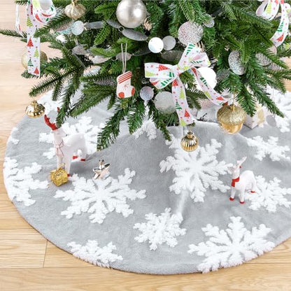 Gray 48 Inch Faux Fur Christmas Tree Skirt Snowflake Decor Large Holiday Cover
