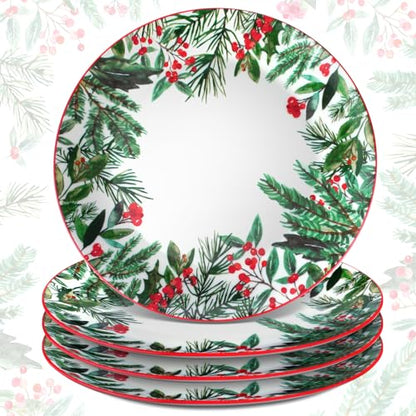 Christmas Green Dinner Plates Set of 4 with Winter Leaves Pattern