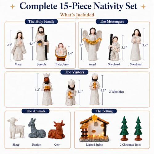15-Piece Christmas Nativity Scene Set with Lighted Stable and Figures