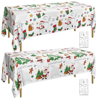 2 Pack Christmas Coloring Tablecloths - Kids Holiday Party Supplies - Santa Snowman Design, 54 x 108 inches - Variation 2