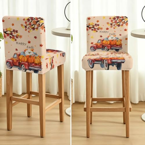 Fall Bar Stool Covers Set of 2 - Harvest Pumpkin Truck & Maple Leaves - Red Orange
