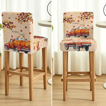 Fall Bar Stool Covers Set of 2 - Harvest Pumpkin Truck & Maple Leaves - Red Orange