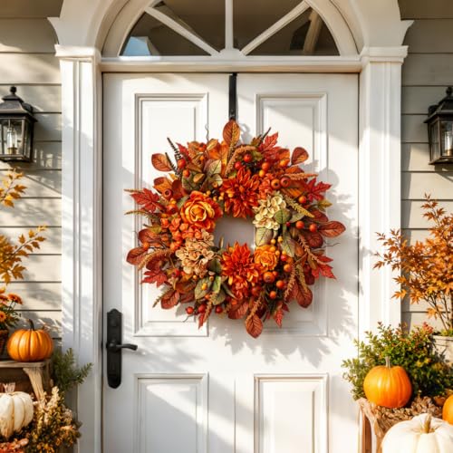 Autumn Harvest Wreath for Front Door - 26 Inch Fall Decor with Orange Dahlias & Maple Leaves