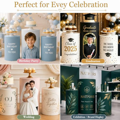 3 Pcs Custom Photo Cylinder Plinth Covers - Round Pedestal Stand Wraps with Variation 02