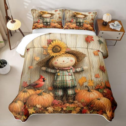 Orange Brown Autumn Scarecrow Quilted Bedspread Twin Set with Pillowcase - 2 Pieces