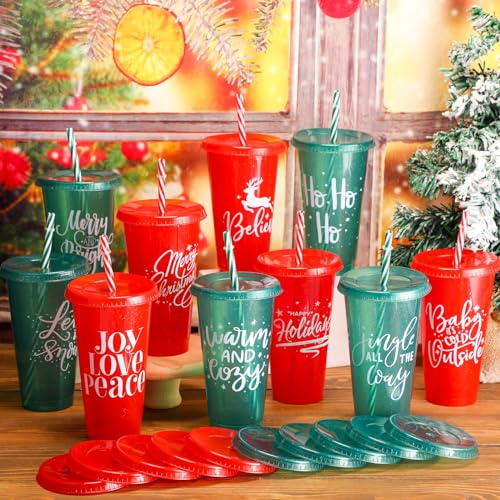Christmas Plastic Cups with Lids & Straws - 50 Pack, 25 Oz, Reusable, Holiday Party Supplies, 10 Styles